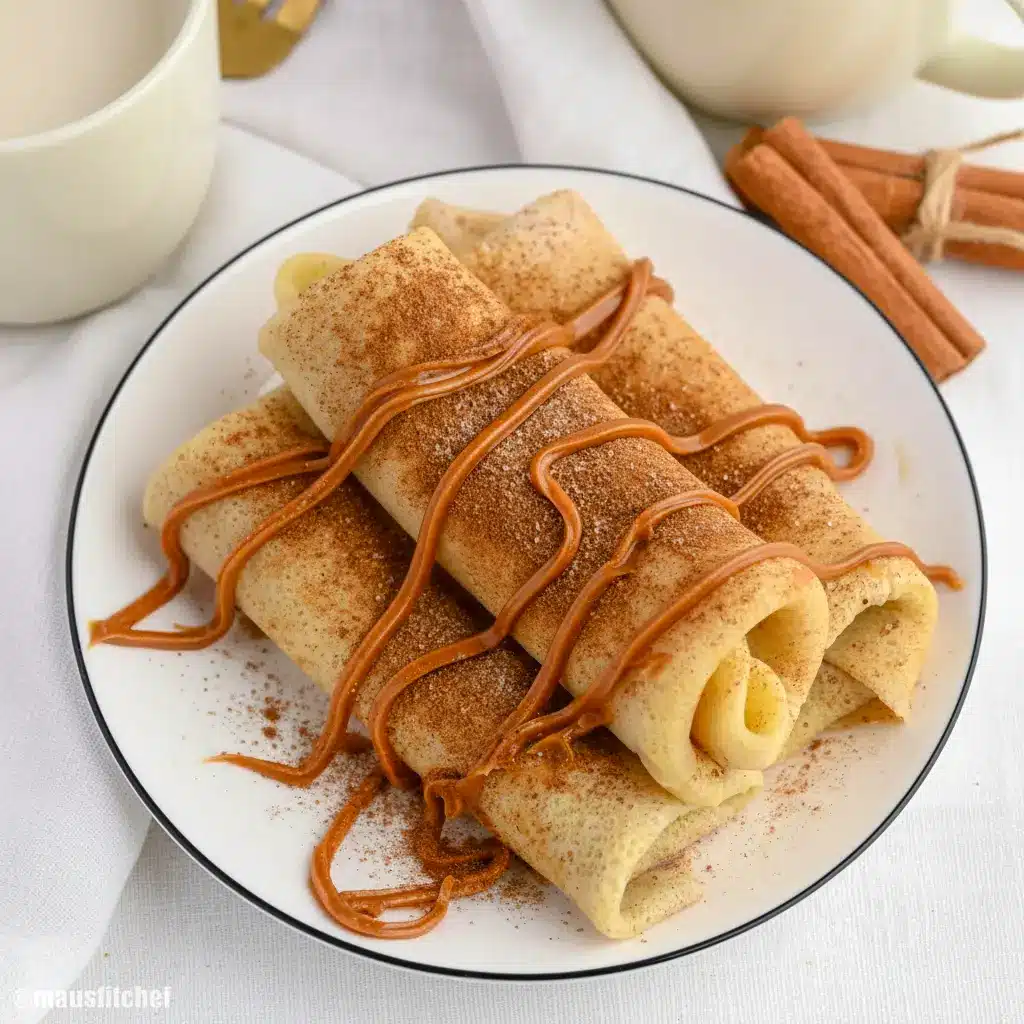Plate of Cinnamon Roll Protein Crepes rolled and dusted with cinnamon, showing the creamy filling — a tasty example of Super Simple High Protein Meals.