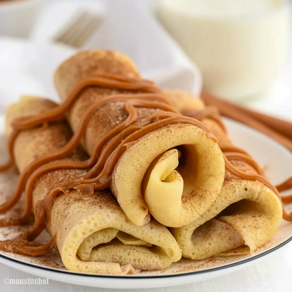 Plate of Cinnamon Roll Protein Crepes rolled and dusted with cinnamon, showing the creamy filling — a tasty example of Super Simple High Protein Meals.