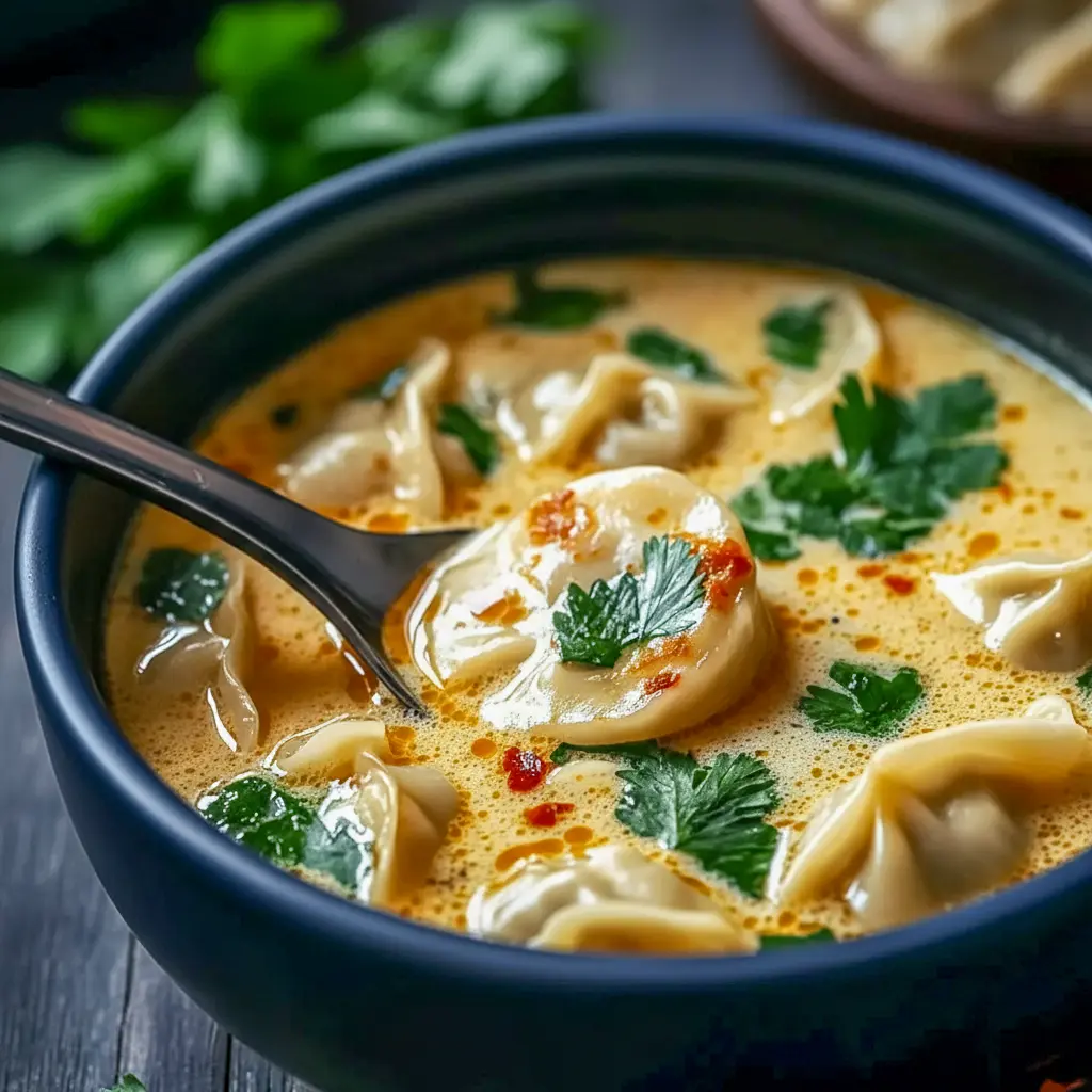 Warm bowl of Thai Potsticker Soup with tender dumplings, cilantro, and scallions in a creamy broth — a comforting Asian Soup shot.