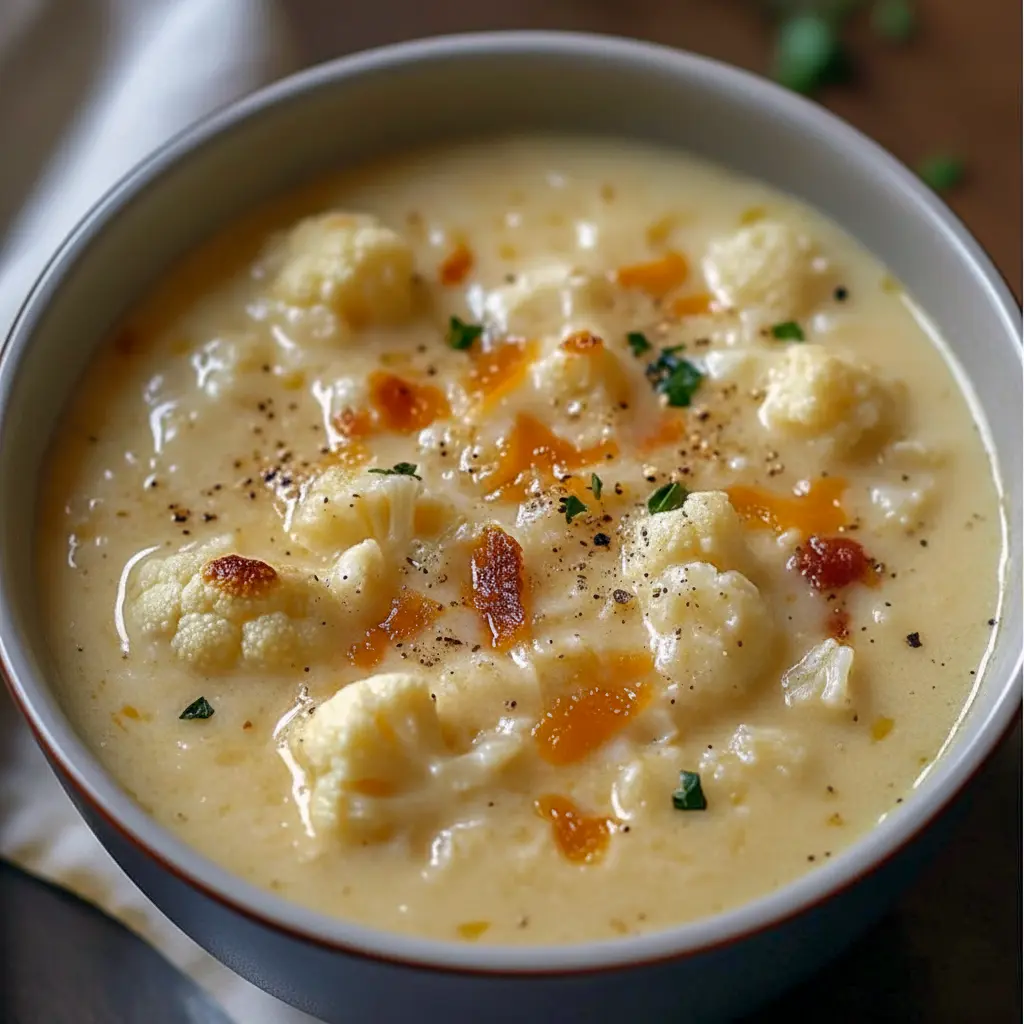 Bowl of Creamy Cheddar Cauliflower and Roasted Garlic Soup topped with chopped chives, with a slice of crusty bread on the side.