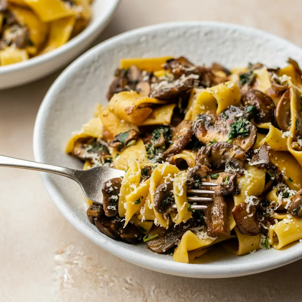 Garlic Mushroom Pasta in a shallow bowl: creamy sauce coating fettuccine, golden-browned mushrooms, grated Parmesan, and a sprinkle of parsley.
