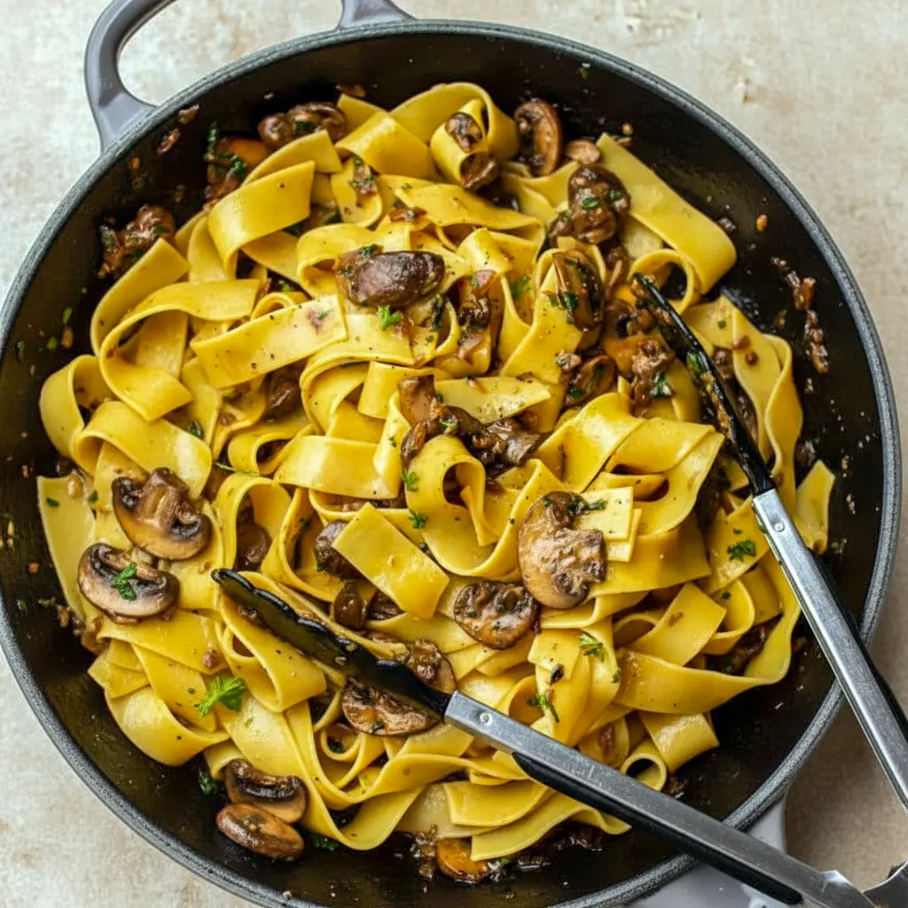 Garlic Mushroom Pasta in a shallow bowl: creamy sauce coating fettuccine, golden-browned mushrooms, grated Parmesan, and a sprinkle of parsley.