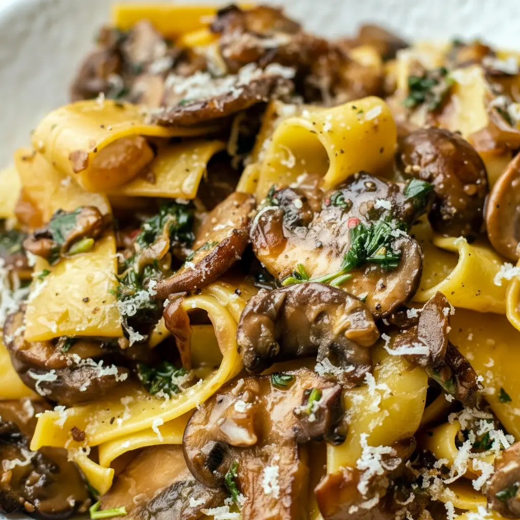Garlic Mushroom Pasta in a shallow bowl: creamy sauce coating fettuccine, golden-browned mushrooms, grated Parmesan, and a sprinkle of parsley.