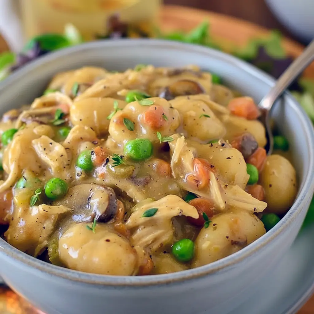 Steaming bowl of One Pot Gnocchi Chicken Pot Pie with creamy sauce, chicken, peas, carrots, and pillowy gnocchi — a cozy Soft Foods Dinner and comforting Supper Tonight idea.