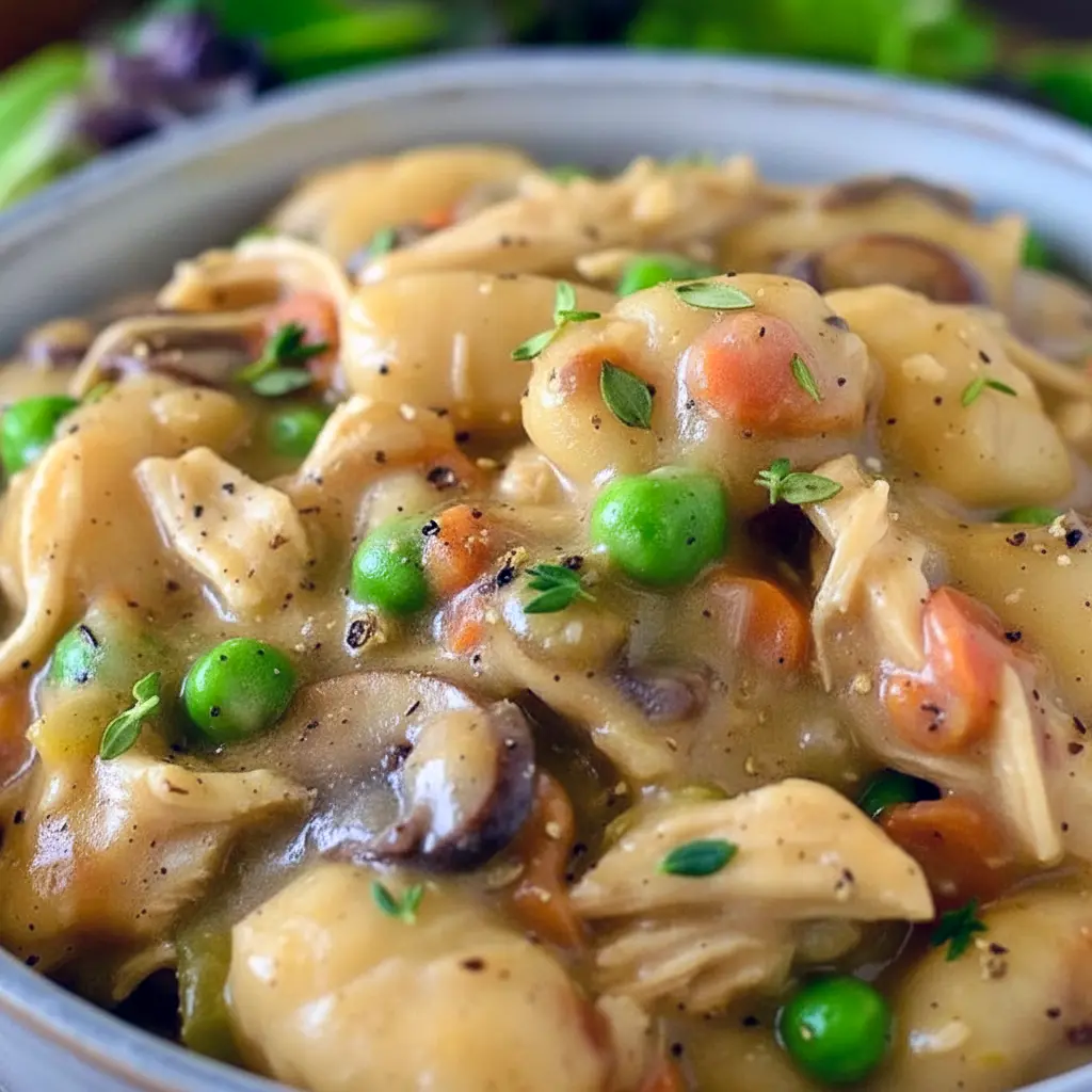 Steaming bowl of One Pot Gnocchi Chicken Pot Pie with creamy sauce, chicken, peas, carrots, and pillowy gnocchi — a cozy Soft Foods Dinner and comforting Supper Tonight idea.