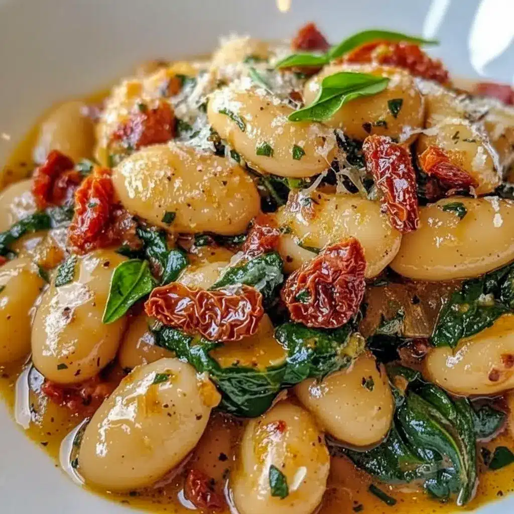 Skillet of creamy Tuscan Butter Beans with wilted spinach and sun-dried tomatoes — rustic Butter Beans Recipe served as a tasty Vegetable Side Dishes option.