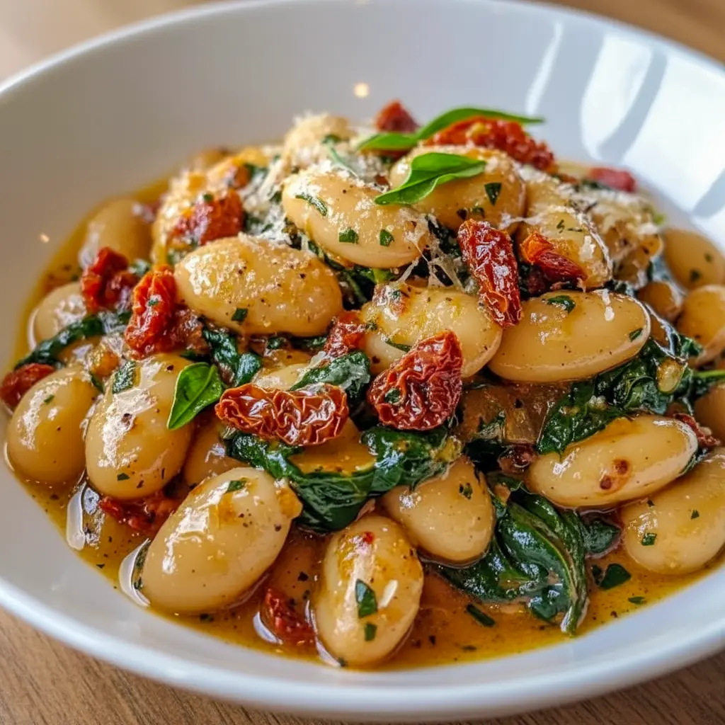 Skillet of creamy Tuscan Butter Beans with wilted spinach and sun-dried tomatoes — rustic Butter Beans Recipe served as a tasty Vegetable Side Dishes option.