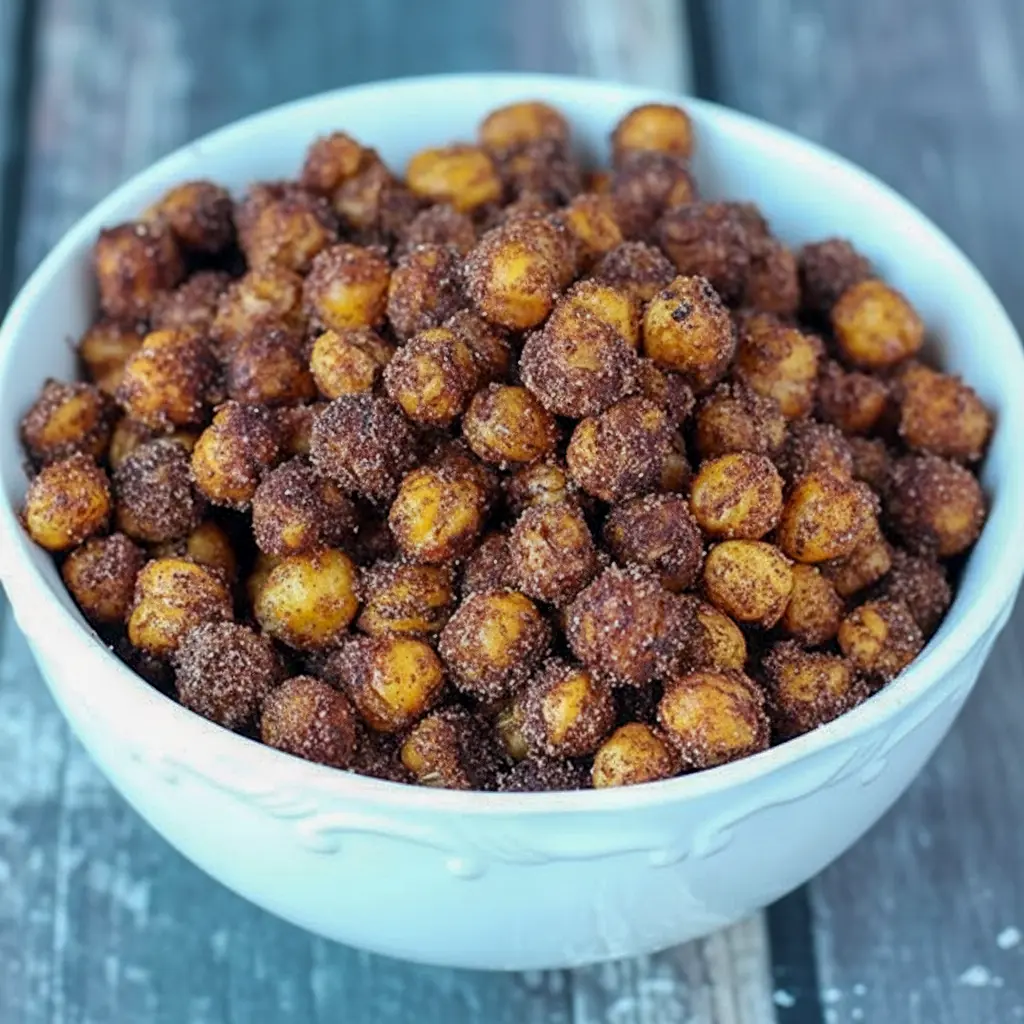 Cinnamon Roasted Chickpeas — golden, crispy chickpeas coated in cinnamon sugar and served in a rustic bowl; a close-up of Cinnamon Sugar Chickpeas ready to snack.