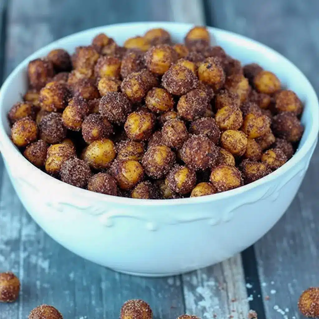 Cinnamon Roasted Chickpeas — golden, crispy chickpeas coated in cinnamon sugar and served in a rustic bowl; a close-up of Cinnamon Sugar Chickpeas ready to snack.