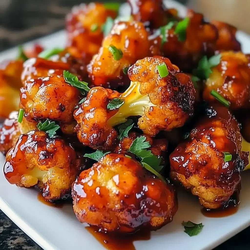 Close-up of glossy Maple Sriracha Cauliflower roasted to caramelized edges, sprinkled with sesame seeds — a standout in Cauliflower Recipes and an easy Veggie Side Dishes option.