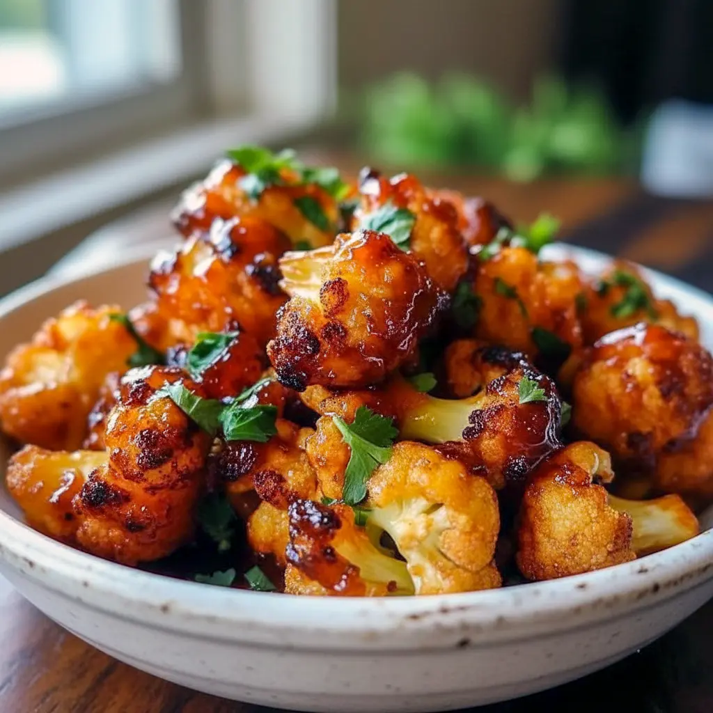 Close-up of glossy Maple Sriracha Cauliflower roasted to caramelized edges, sprinkled with sesame seeds — a standout in Cauliflower Recipes and an easy Veggie Side Dishes option.