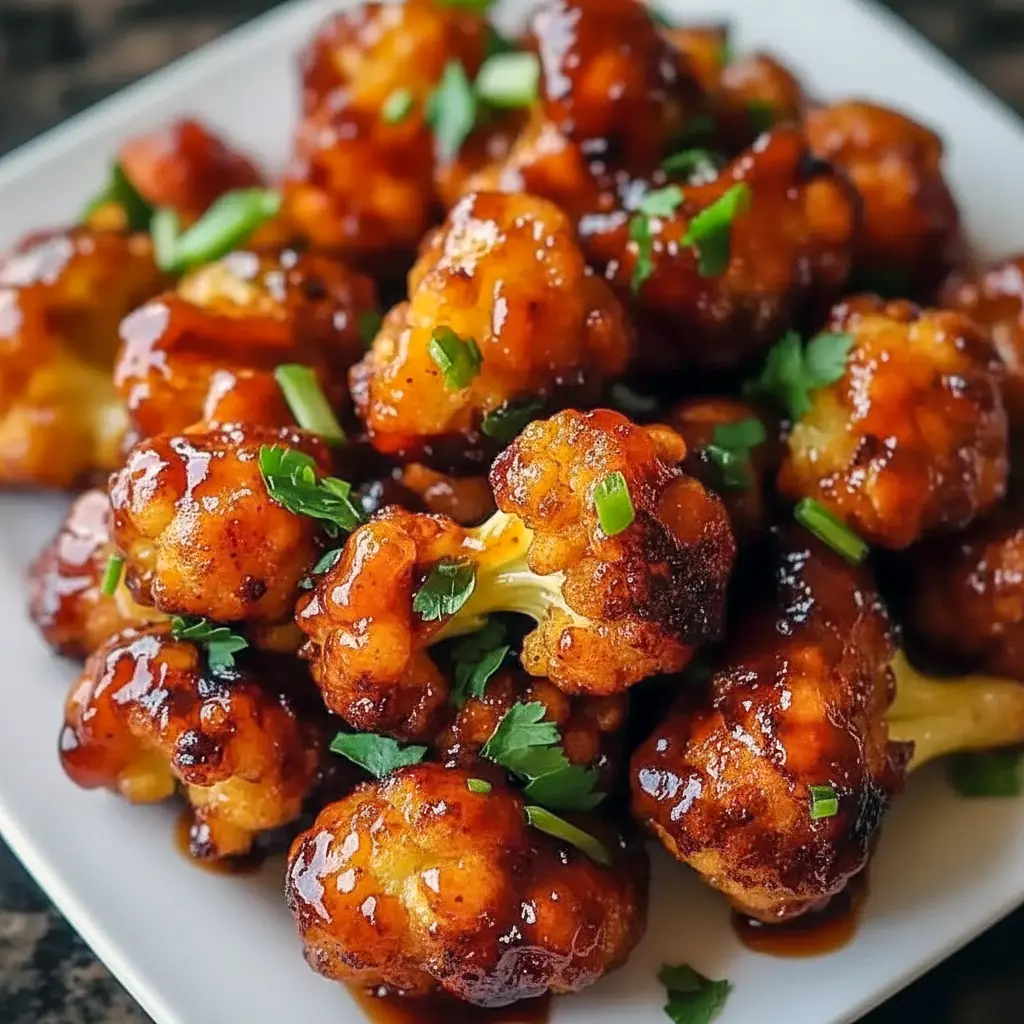 Close-up of glossy Maple Sriracha Cauliflower roasted to caramelized edges, sprinkled with sesame seeds — a standout in Cauliflower Recipes and an easy Veggie Side Dishes option.