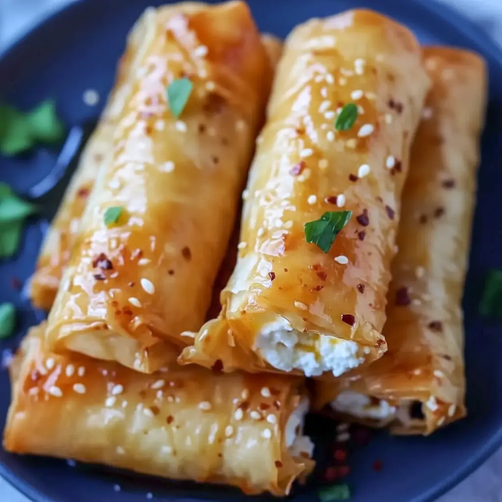 Oven Fried Feta Rolls With Chili Honey on a wooden board — golden, flaky rolls drizzled with sticky chili honey, a perfect Flaky Chili Honey Feta Rolls Appetizer.