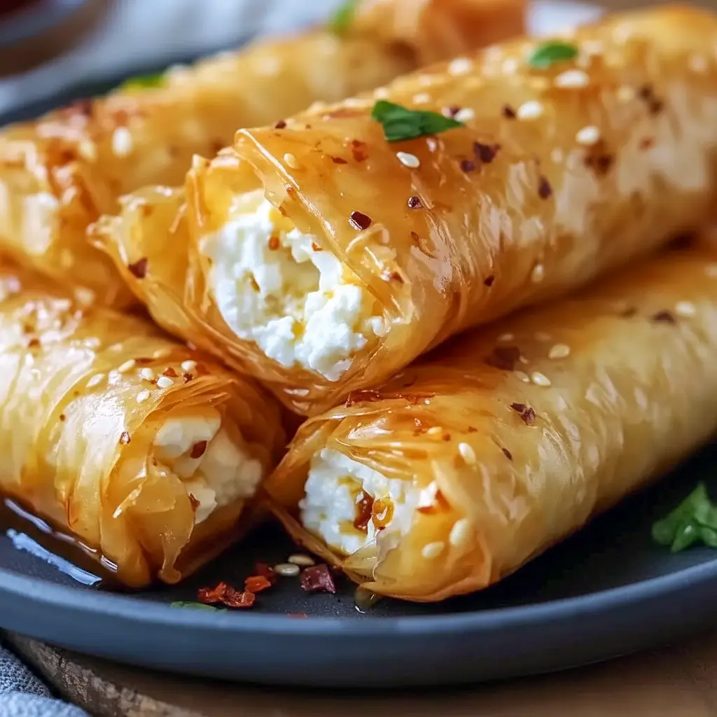 Oven Fried Feta Rolls With Chili Honey on a wooden board — golden, flaky rolls drizzled with sticky chili honey, a perfect Flaky Chili Honey Feta Rolls Appetizer.