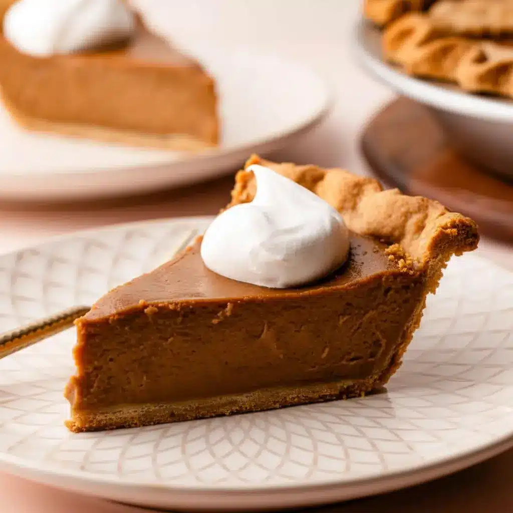 Slice of Apple Butter Pie on a plate with a dollop of maple whipped cream, showing creamy filling and a golden crust — a classic Fall Baking and Holiday Desserts favorite.