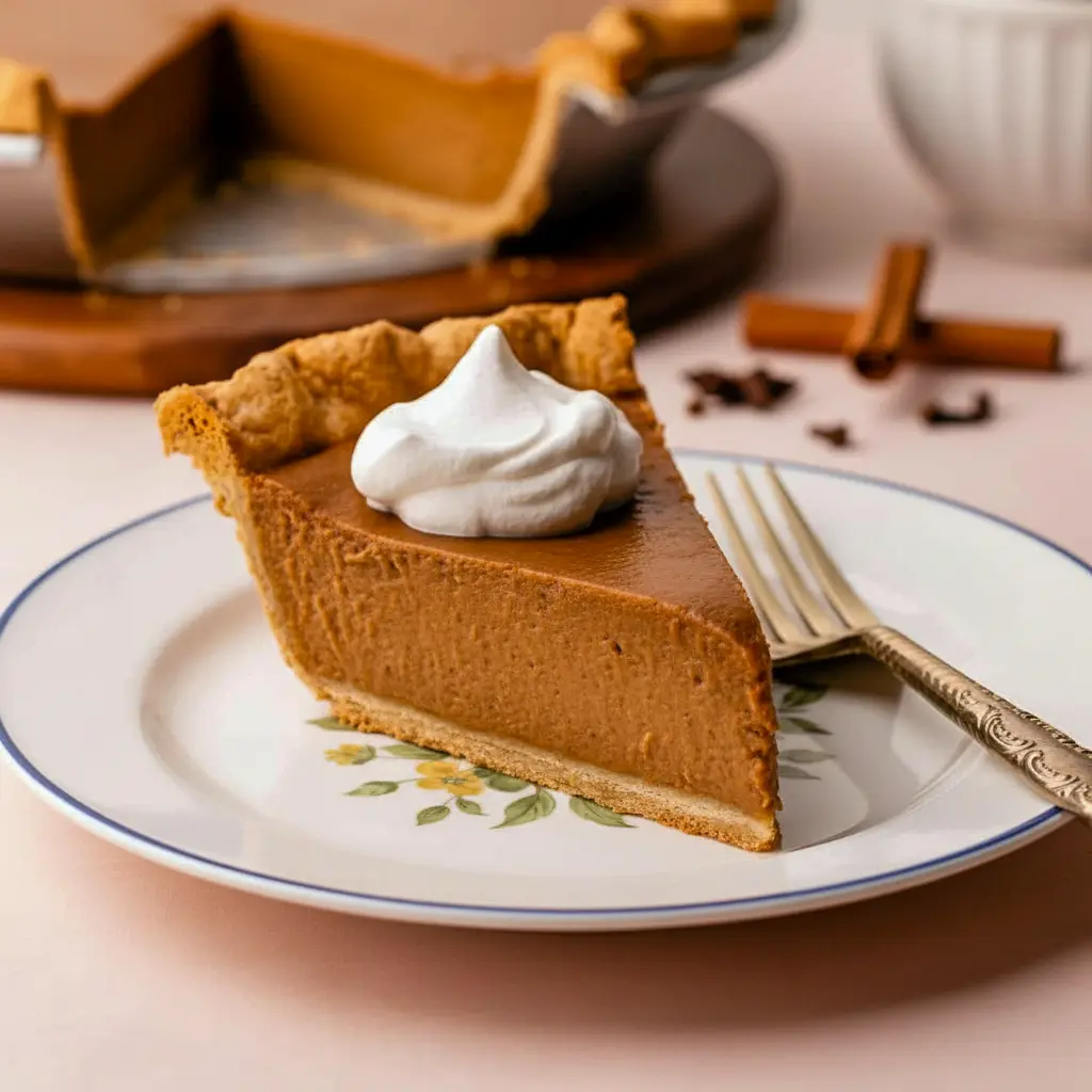 Slice of Apple Butter Pie on a plate with a dollop of maple whipped cream, showing creamy filling and a golden crust — a classic Fall Baking and Holiday Desserts favorite.