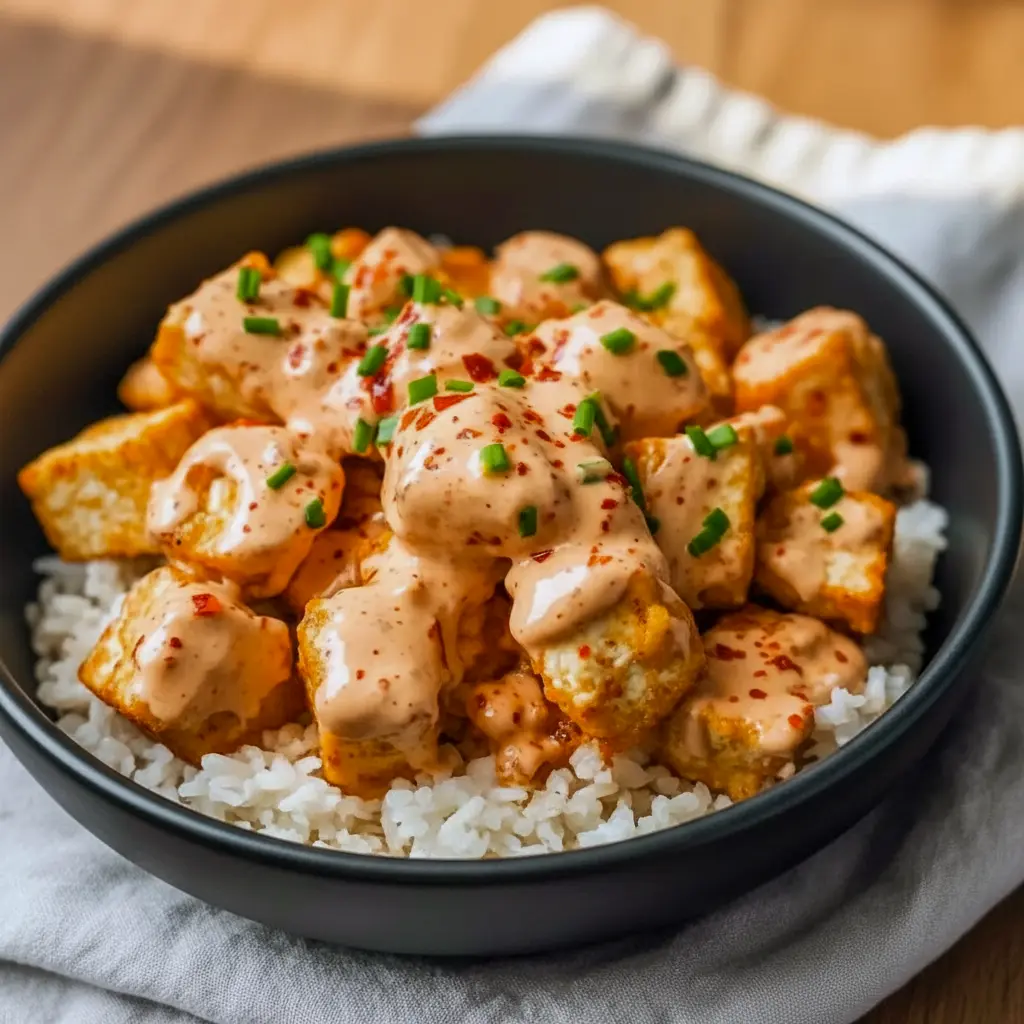 Crispy Bang Bang Tofu cubes glazed in spicy-sweet sauce over rice — a simple Fast Vegan Dinner and one of the Best Tofu Dinners.