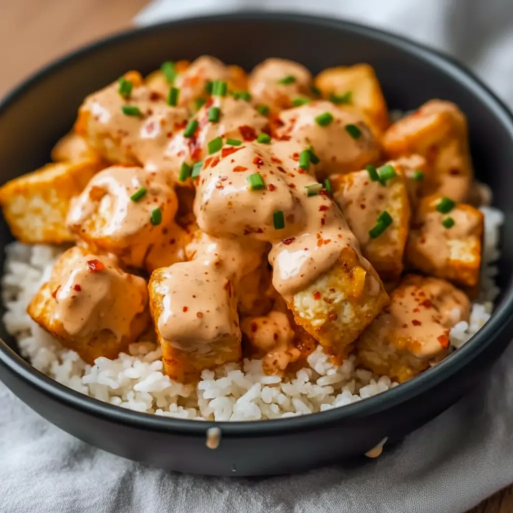 Crispy Bang Bang Tofu cubes glazed in spicy-sweet sauce over rice — a simple Fast Vegan Dinner and one of the Best Tofu Dinners.