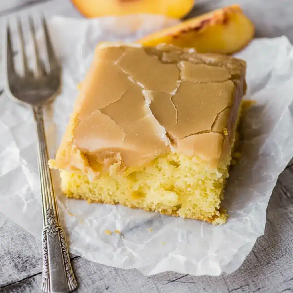 Brown Sugar Peach Cake in a 9x13 pan with tender yellow cake, fresh peach pieces, and a glossy brown sugar frosting on top.