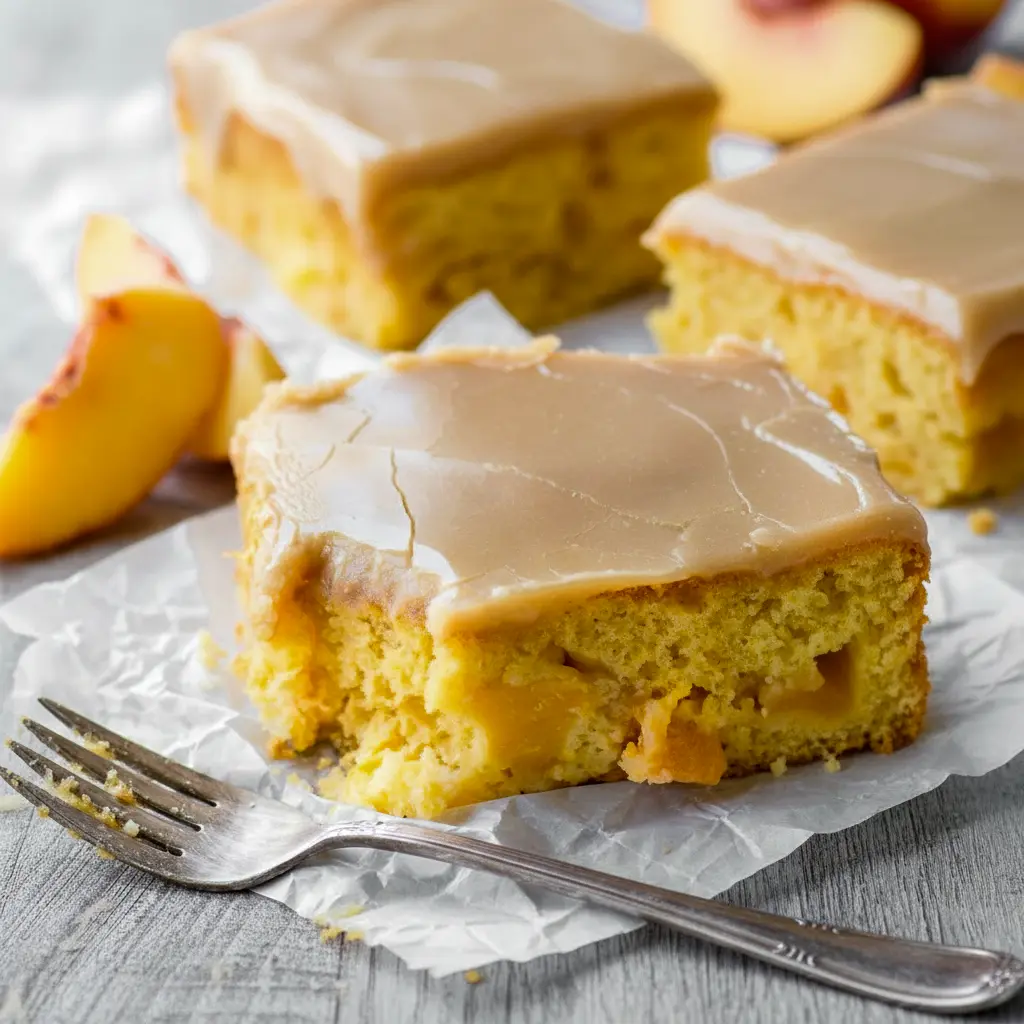 Brown Sugar Peach Cake in a 9x13 pan with tender yellow cake, fresh peach pieces, and a glossy brown sugar frosting on top.