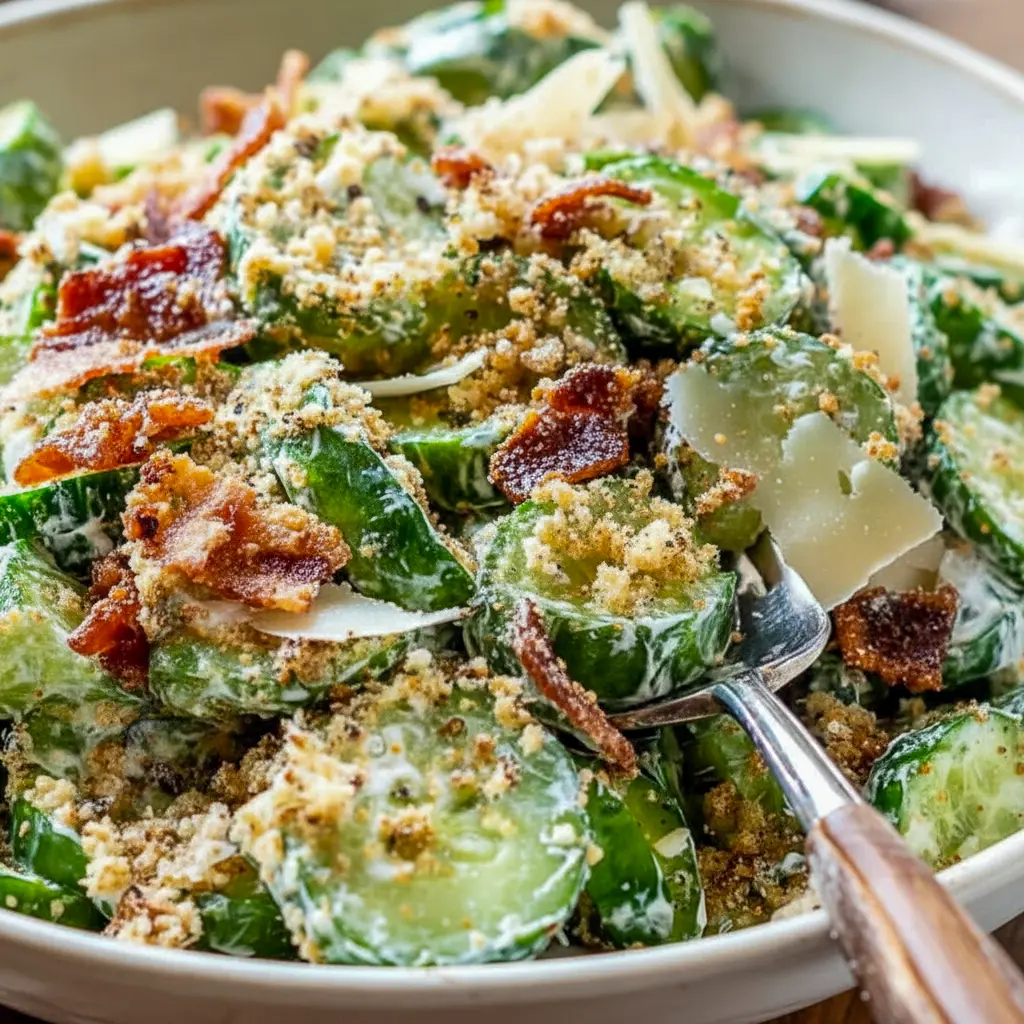 Cucumber Caesar Salad: thin cucumber rounds coated in creamy Caesar dressing, topped with golden croutons and grated Parmesan.