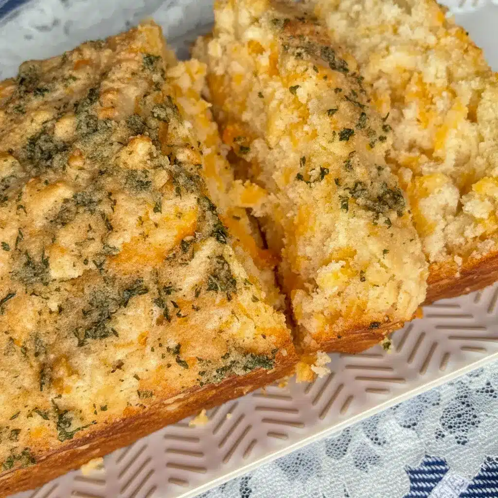 Loaf of Cheddar Bay Biscuit Bread sliced on a wooden board, topped with garlic-butter glaze and parsley — a delicious Side Bread Recipes option to pair with bowls of soup.