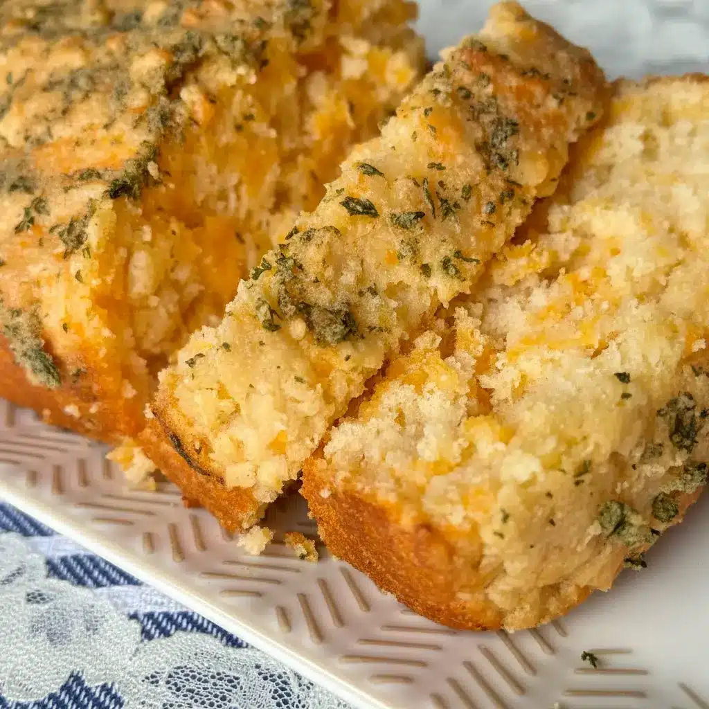 Loaf of Cheddar Bay Biscuit Bread sliced on a wooden board, topped with garlic-butter glaze and parsley — a delicious Side Bread Recipes option to pair with bowls of soup.