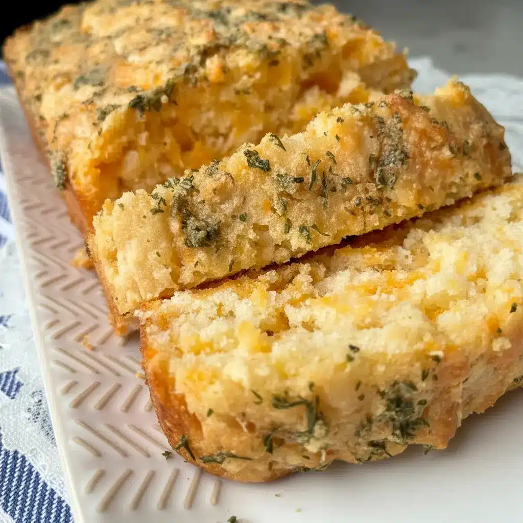 Loaf of Cheddar Bay Biscuit Bread sliced on a wooden board, topped with garlic-butter glaze and parsley — a delicious Side Bread Recipes option to pair with bowls of soup.