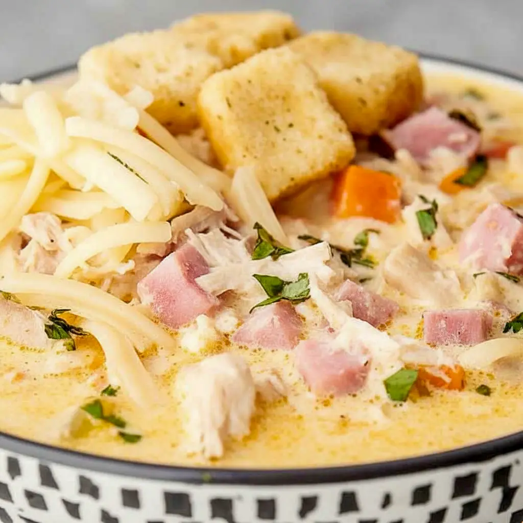 Bowl of Chicken Cordon Bleu Soup with shredded Swiss on top, tender chicken and ham pieces, and a scattering of golden croutons.