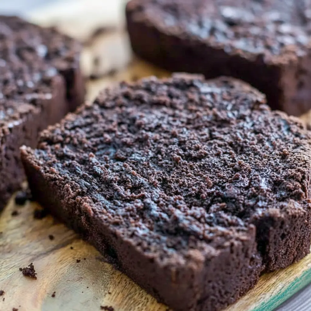 Dark Chocolate Mocha Breakfast Bread — sliced loaf with dark, tender crumb and melted chocolate chips, served on a wooden board.