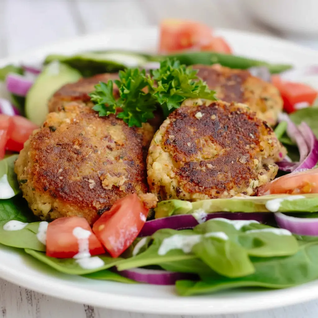 Close-up of golden Easy Falafel Recipe patties on a plate with pita, a bowl of tzatziki, and fresh parsley garnish.