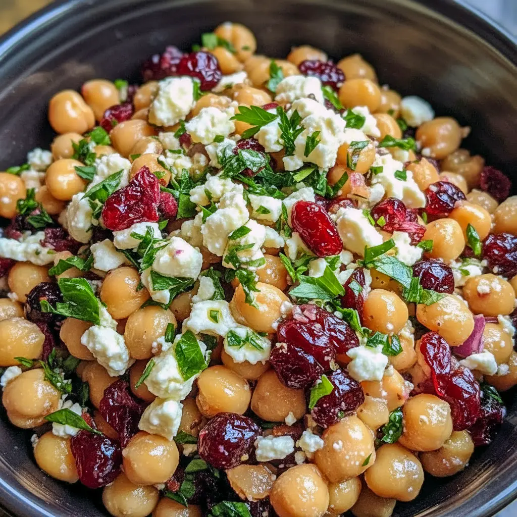 Bright bowl of Feta and Cranberry Chickpeas with crumbled feta, dried cranberries, chopped nuts, and herbs — a vibrant, ready-to-serve side salad.
