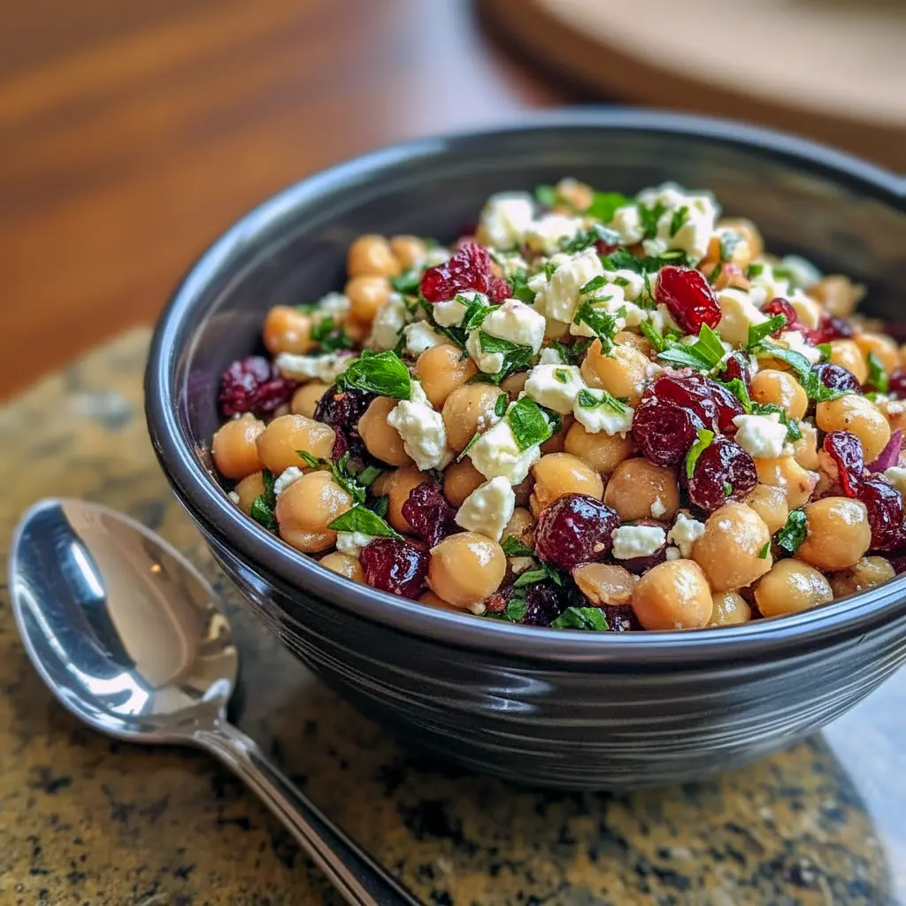 Bright bowl of Feta and Cranberry Chickpeas with crumbled feta, dried cranberries, chopped nuts, and herbs — a vibrant, ready-to-serve side salad.