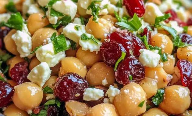 Bright bowl of Feta and Cranberry Chickpeas with crumbled feta, dried cranberries, chopped nuts, and herbs — a vibrant, ready-to-serve side salad.