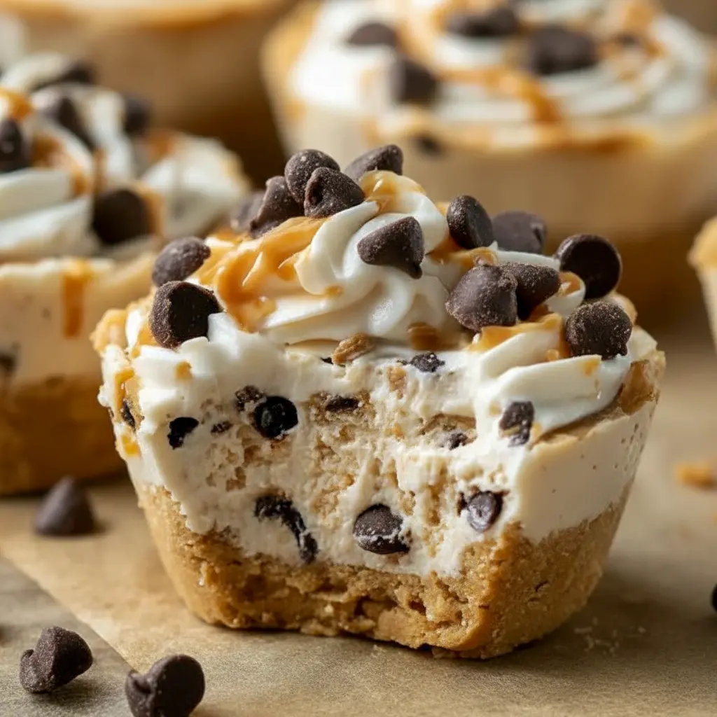 Close-up of chilled Cookie Dough Cups topped with creamy yogurt and mini chocolate chips — a ready-to-go High Protein Yogurt option and ideal Healthy Protein Snacks.