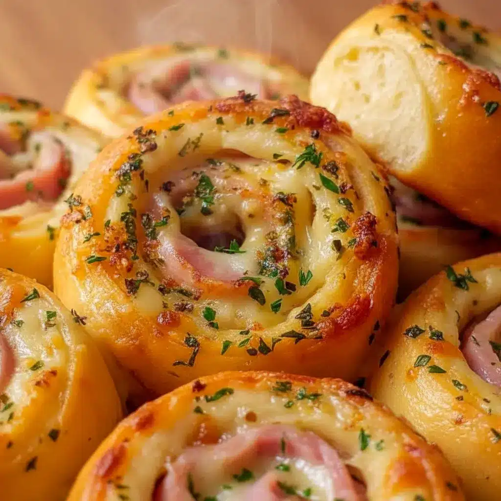 Golden Ham And Cheese pinwheels on a platter, flaky and savory — tasty Ham Appetizers for Easter or party spreads.