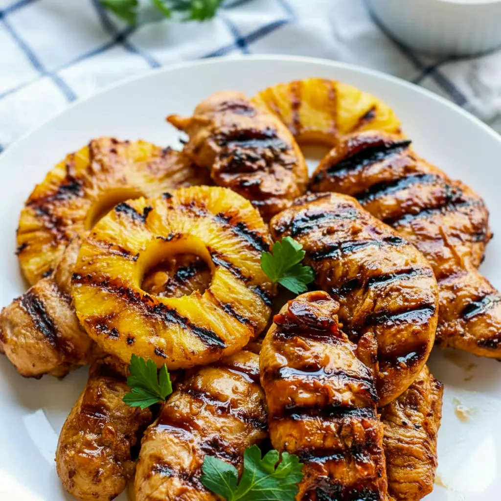 Hawaiian Chicken sliced over coconut rice with charred pineapple rings — glossy, Juicy Chicken close-up.