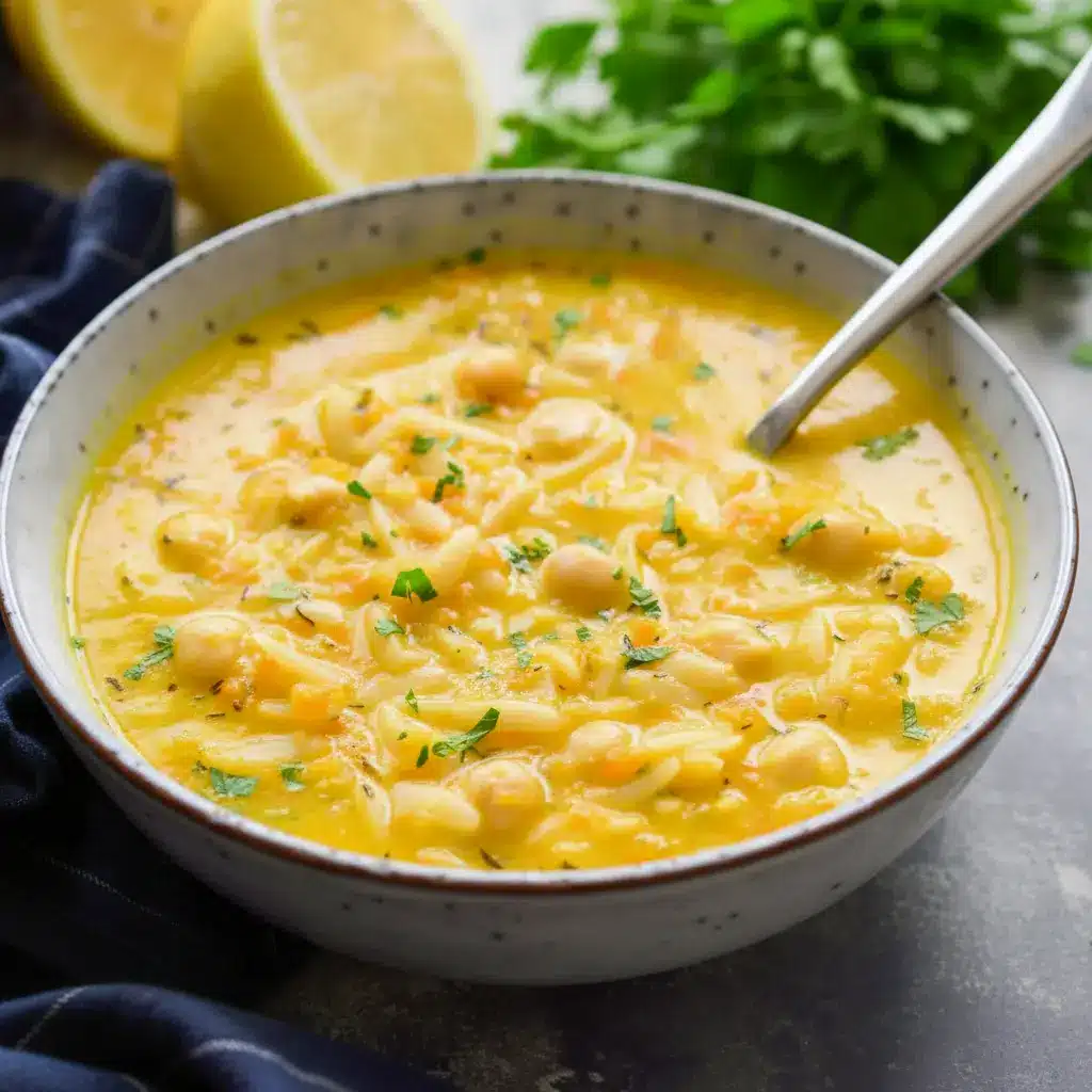 Bowl of Lemon Chickpea Orzo Soup with chickpeas, orzo, and a sprinkle of parsley in a golden, lemony broth.