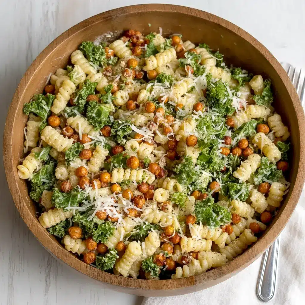Bowl of Pasta Caesar Salad with shredded Kale, golden smoked chickpeas, and creamy tahini Caesar dressing — a fresh Good Eat ready to serve.