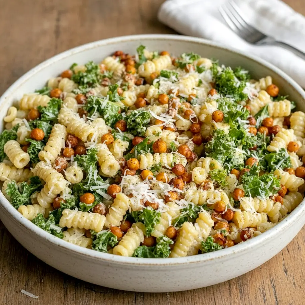 Bowl of Pasta Caesar Salad with shredded Kale, golden smoked chickpeas, and creamy tahini Caesar dressing — a fresh Good Eat ready to serve.