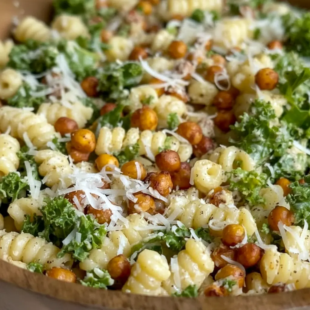 Bowl of Pasta Caesar Salad with shredded Kale, golden smoked chickpeas, and creamy tahini Caesar dressing — a fresh Good Eat ready to serve.