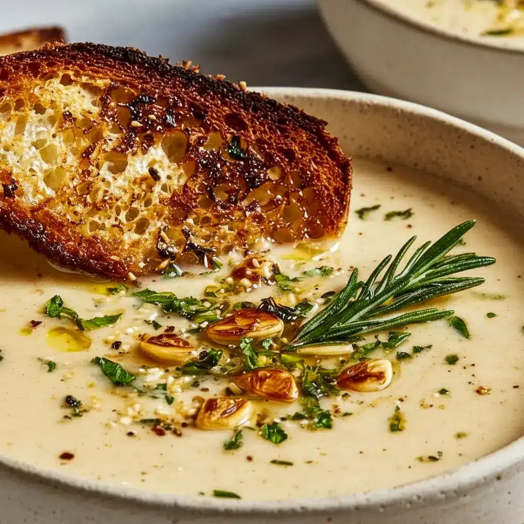 Bowl of White Bean Soup topped with fresh rosemary and cracked pepper — rustic White Bean Rosemary Soup served with a slice of crusty bread.