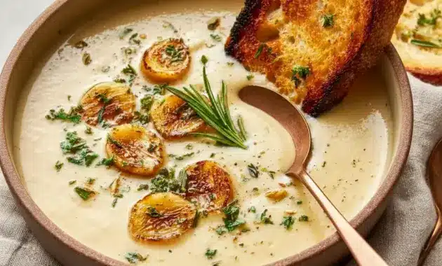 Bowl of White Bean Soup topped with fresh rosemary and cracked pepper — rustic White Bean Rosemary Soup served with a slice of crusty bread.