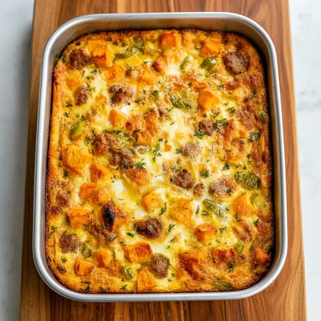 Slice of golden Sweet Potato Egg Casserole showing sweet potato cubes, melted cheese, and sausage, garnished with herbs — a hearty Breakfast Potato Bake perfect for meal prep.