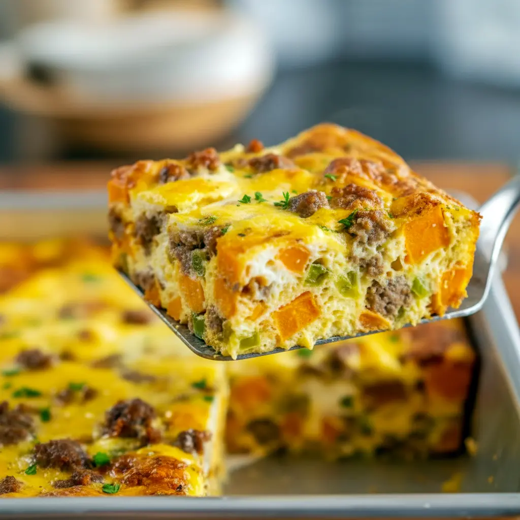 Slice of golden Sweet Potato Egg Casserole showing sweet potato cubes, melted cheese, and sausage, garnished with herbs — a hearty Breakfast Potato Bake perfect for meal prep.