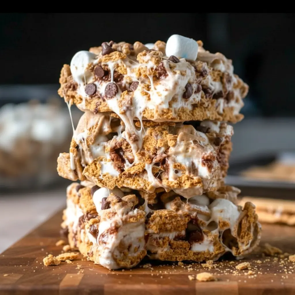 Tray of Golden Grahams S'mores bars with a gooey marshmallow layer, crunchy cereal, and chocolate chips, styled as an easy S'mores Recipe With Golden Grahams.