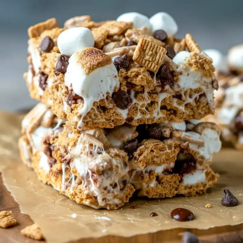 Tray of Golden Grahams S'mores bars with a gooey marshmallow layer, crunchy cereal, and chocolate chips, styled as an easy S'mores Recipe With Golden Grahams.