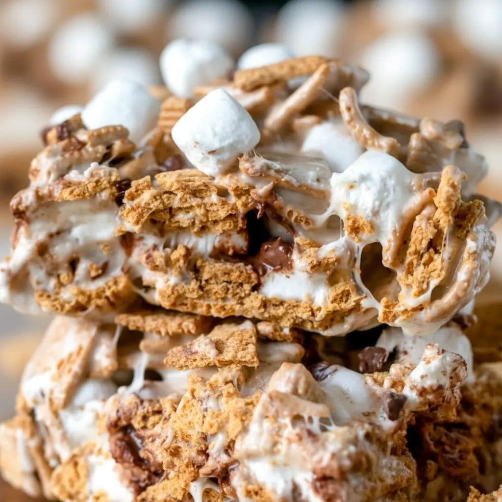 Tray of Golden Grahams S'mores bars with a gooey marshmallow layer, crunchy cereal, and chocolate chips, styled as an easy S'mores Recipe With Golden Grahams.