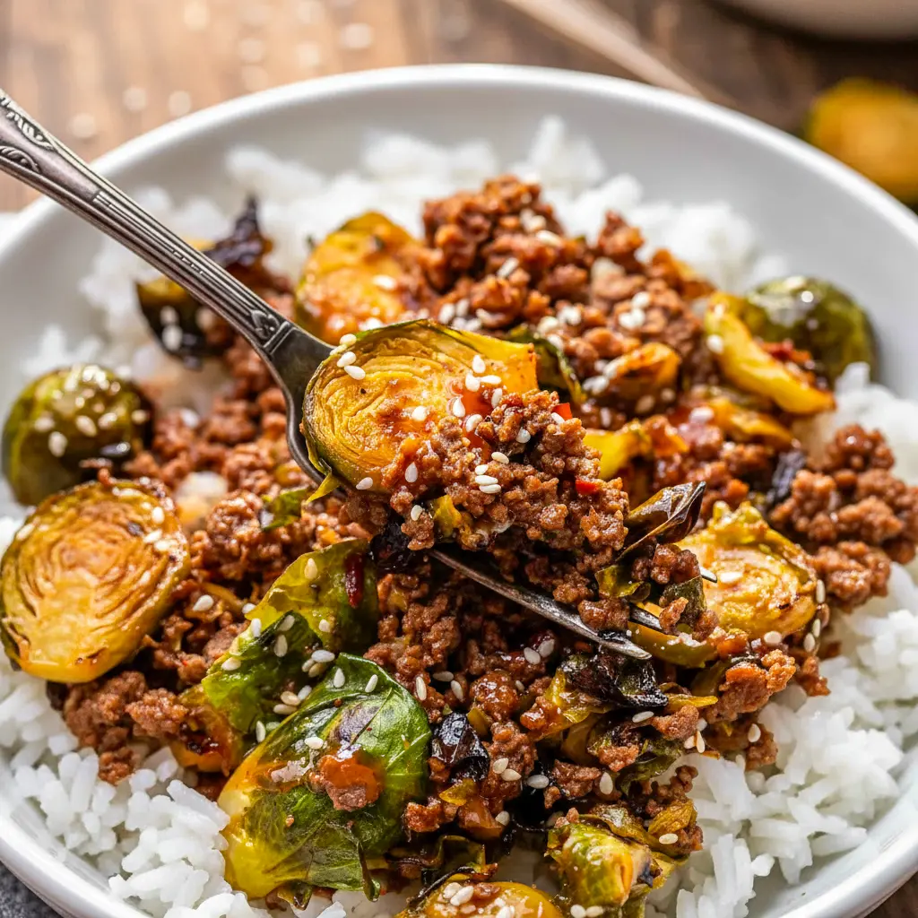 A skillet of Ground Beef and Brussels Sprouts served as a cozy Meal Idea With Ground Beef with tender Brussels sprouts, saucy beef, and a quick homemade dinner vibe.