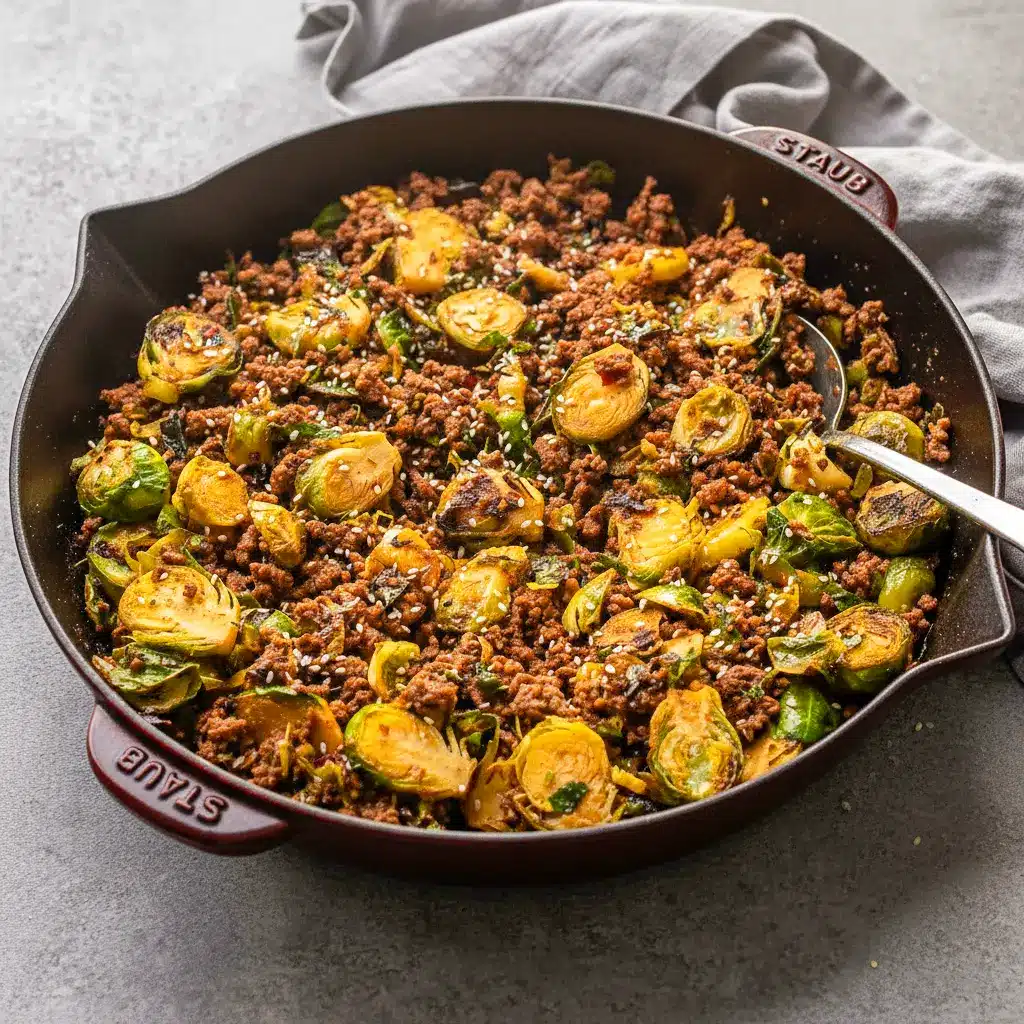 A skillet of Ground Beef and Brussels Sprouts served as a cozy Meal Idea With Ground Beef with tender Brussels sprouts, saucy beef, and a quick homemade dinner vibe.